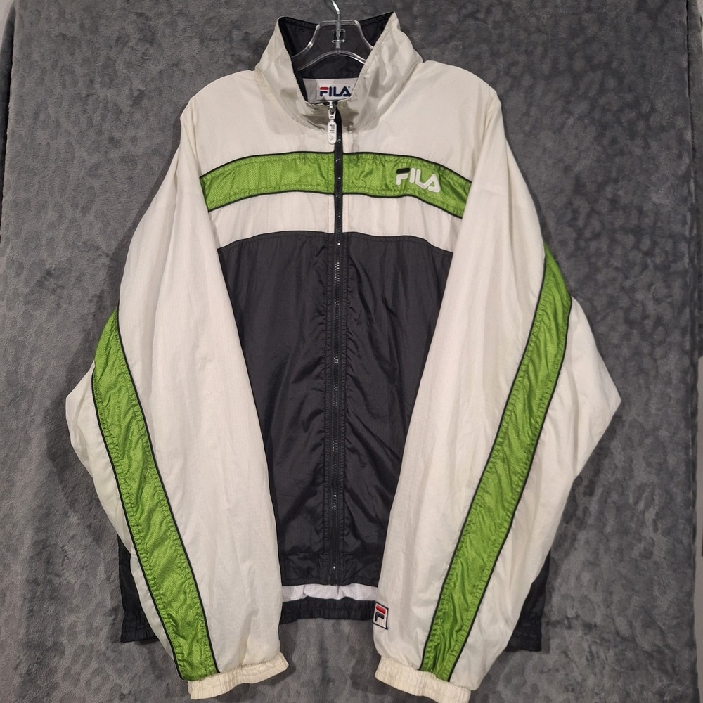 Fila Vintage Windbreaker Track Jacket XXL White Black Green Colorblock Ripstop
